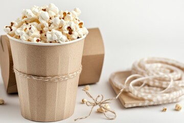 A paper cup filled with popcorn placed next to a string, great for movie nights or party favors