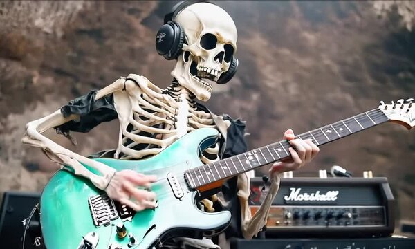 Skeleton playing electric guitar with headphones, creating a spooky and rock-themed atmosphere at a concert