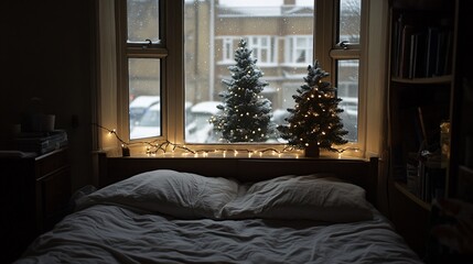 Serene Christmas Bedroom Decor with Snowy View
