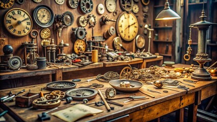 A tidy workbench in a vintage watch shop is cluttered with clock parts, tools, and gears as a timepiece lies disassembled, awaiting skilled repair hands.