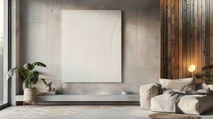 Elegant white canvas adorning rustic minimalist home with natural wood accents and soft lighting
