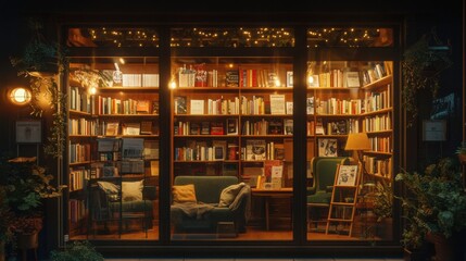 A cozy bookstore window showcasing a selection of books and literary-themed items