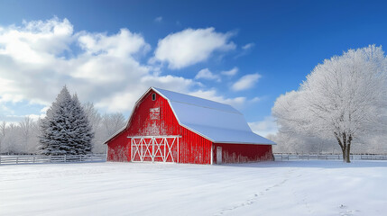a red barn in snow
