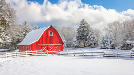 a red barn in snow
