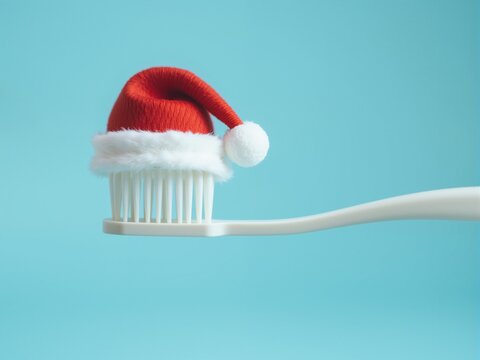 White plastic toothbrush wearing santa hat on a blue background