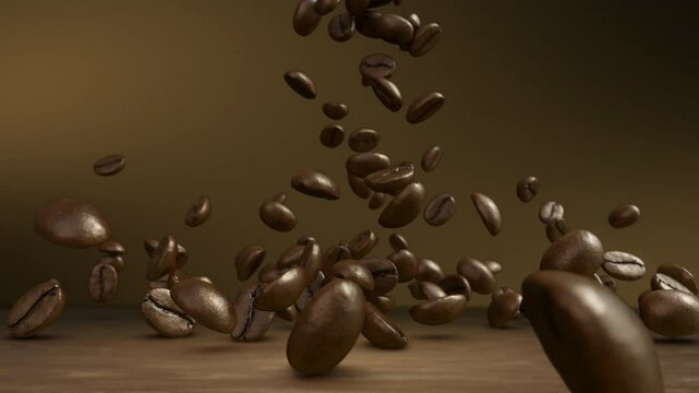 3D Animation 4K: Roasted coffee beans fall onto a wooden table in slow motion, spreading out to showcase the product. Dark background and green screen for flexible editing.