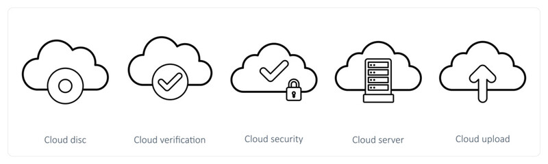 A set of 5 big data icons as cloud disc, cloud verification, cloud security