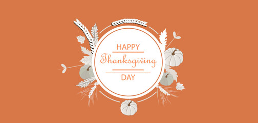 Thanksgiving background with white elegant harvest elements and pumpkins on peach background