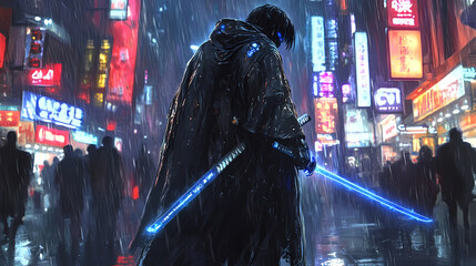 Futuristic Mecha Samurai Overlooking Neon City: Anime Art