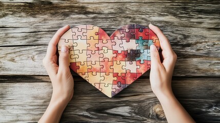 Hands holding a colorful heart shaped puzzle on a wooden surface, symbolizing unity and connection