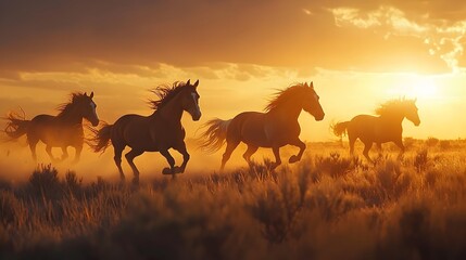 Obraz premium A herd of wild horses galloping across a serene prairie at golden hour their flowing manes embodying the raw spirit of freedom
