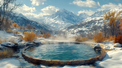 Serene Hot Spring Nestled Amid Snowy Peaks: Escape to Tranquility in a Breathtaking Mountain Landscape