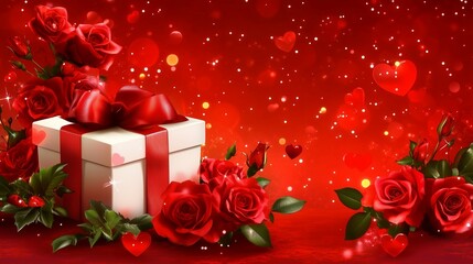 Elegant gift box with red roses and sparkling hearts on a festive red background, romantic celebration theme
