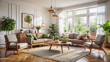 Fototapeta premium Elegant living room with comfortable sofa, mid century furniture, cozy carpet, wooden floor, white walls, and lush home plants, exuding modern Scandinavian home interior charm.