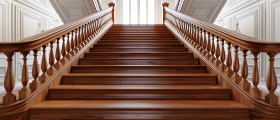 Wooden Staircase with Ornate Railing in a White Interior