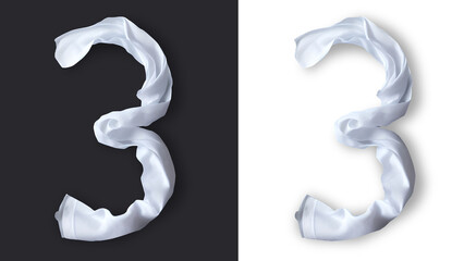 Number Three in fabric cloth design PNG image.Pure white colored fabric cloth damped and twisted with soft shadows, best for clothing related graphic projects and posters.Three number Icon PNG