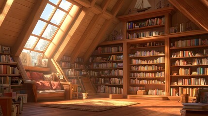 Obraz premium Cozy Attic Library with Warm Lighting and Bookshelves