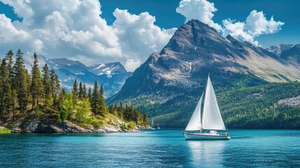Naklejka premium Scenic Sailboat on Calm Lake with Mountains in Background