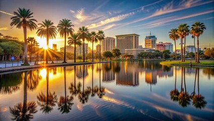 Serene Lakeland, Florida cityscape at dawn, featuring majestic palm trees, tranquil lake, and majestic buildings with warm golden sunlight casting long shadows.