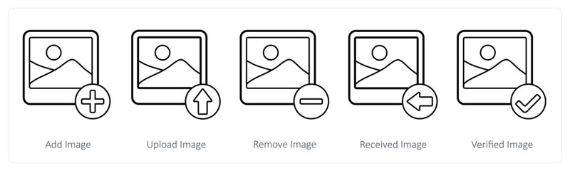 A set of 5 image icons as add image, upload image, remove image