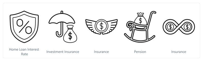 A set of 5 insurance icons as home loan interest rate, investment insurance, insurance