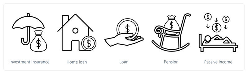 A set of 5 insurance icons as investment insurance, home loan, loan