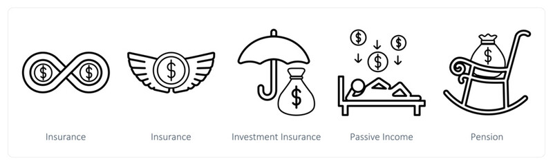 A set of 5 insurance icons as insurance, investment insurance, passive income