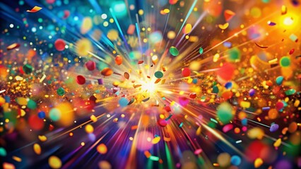 Fototapeta premium Vibrant confetti bursts against a blurred, kaleidoscope-inspired background, capturing the essence of joyous celebration and festive revelry in a swirling, colorful abstract composition.