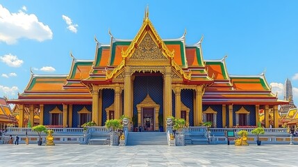 Fototapeta premium Ornate temple with colorful roofs and golden accents.