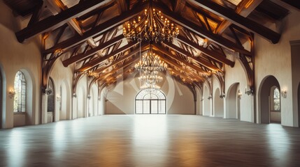 Obraz premium Elegant Interior of a Spacious Hall with Chandeliers