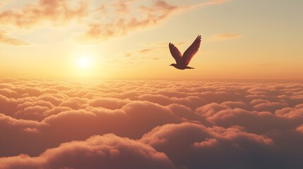 Lone Bird Soaring Amidst Glowing Clouds at Sunrise Symbolizing Boundless Freedom