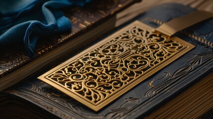 Elegant golden bookmark featuring intricate filigree and artistic design for book lovers