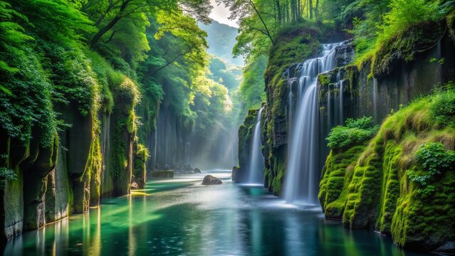 Serene Manai Falls cascades down moss-covered rocks in Takachiho Gorge, surrounded by lush greenery and misty atmosphere, creating a tranquil and mystical Japanese landscape.
