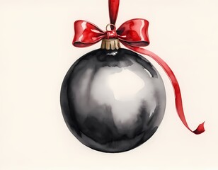 Red Christmas ornament hanging from a ribbon against a soft background during the holiday season