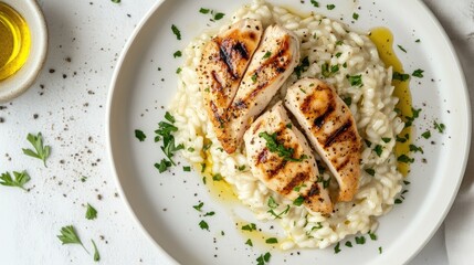 Delicious Risotto with Grilled Chicken Top View