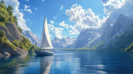 Naklejka premium Serene Sailboat on Clear Blue Water with Mountain Backdrop