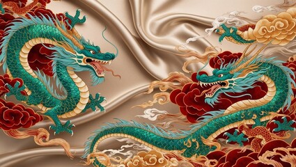 Fototapeta premium Intricate dragon illustration with vibrant colors and swirling clouds on a silky background 
