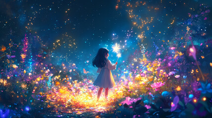 Fototapeta premium Enchanted Kawaii Magical Girl – Magical Forest with Sparkling Lights and Creatures