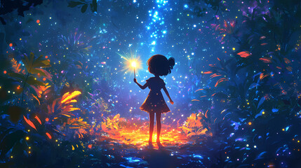 Kawaii Magical Girl in Sparkling Forest &ndash; Enchanted Scene with Twinkling Lights and Magical Creatures