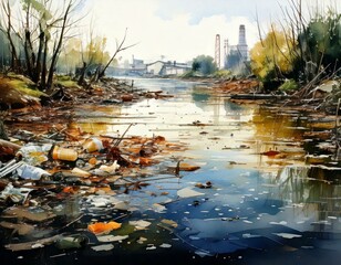 Obraz premium A polluted river filled with trash and industrial debris, highlighting environmental pollution near an industrial facility and nature area.