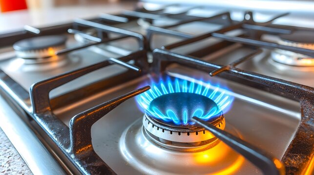 Gas Stove Burner: A macro shot of a gas stove burner with a blue flame. The metal grates and knobs are in focus. 