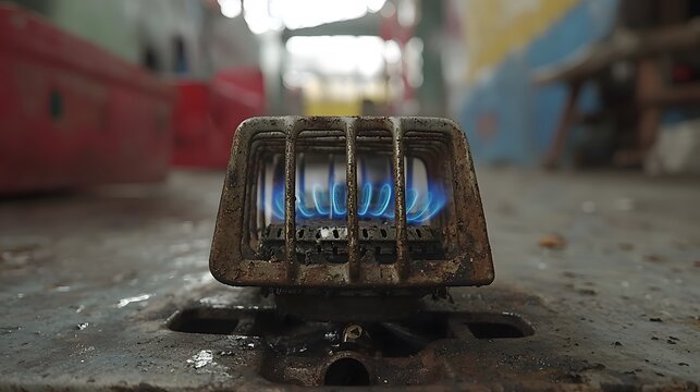 Gas Stove Burner: A macro shot of a gas stove burner with a blue flame. The metal grates and knobs are in focus. 