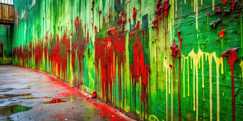 Obraz premium Abstract Art with Green and Red Paint Drips on Rough Wall Texture for Creative Banners, Flyers, Posters, Covers, and Brochures - Vibrant and Unique Background Design
