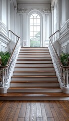 Fototapeta premium White Staircase with Wooden Treads Leading to a Window with View of Trees