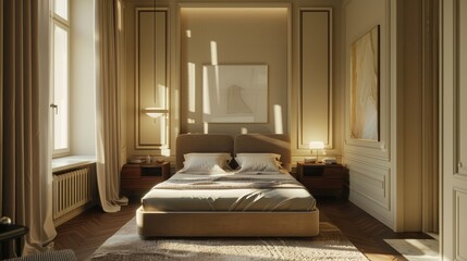 Elegant mid sized bedroom with modern art deco style, windows and upholstered bed design
