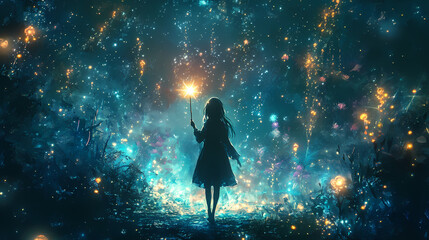 Naklejka premium Kawaii Magical Girl in Sparkling Forest – Enchanted Scene with Twinkling Lights and Magical Creatures