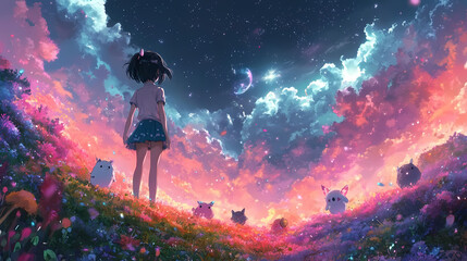 Naklejka premium Kawaii Magical Girl in Sparkling Forest – Enchanted Scene with Twinkling Lights and Magical Creatures