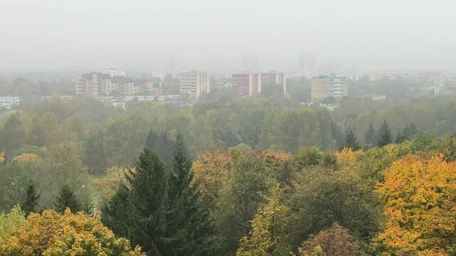 Smog over city skyline with autumn trees and low visibility, air-pollution and poor-air-quality background, haze and concept, environmental issue and climate-change theme with copy space.