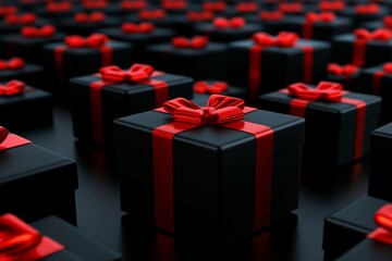 Fototapeta premium 3D rendering of black gift boxes with red ribbon on the top, all placed together on a dark background, perspective view.