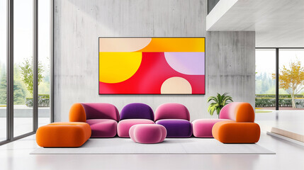 Modern sofa in contemporary decor with vibrant colors and abstract art on the walls